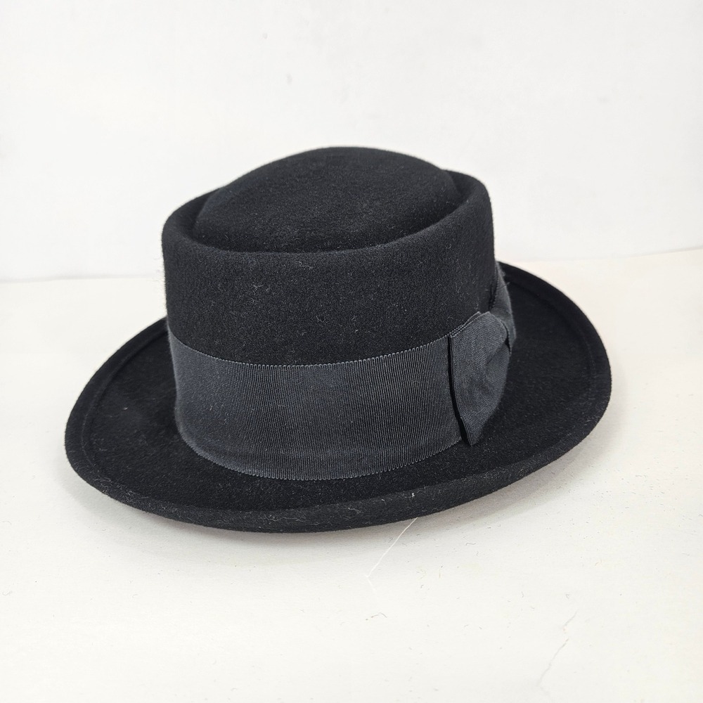 Bollman Mens Black 100% Wool Felt Pork Pie Hat Grosgrain Ribbon Bow USA Made